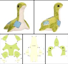 the instructions for how to sew a stuffed toy dinosaur with patchwork on it