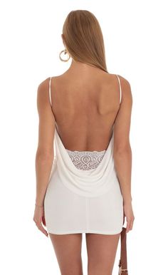 Mira Lace Open Back Dress in White | LUCY IN THE SKY Dress With Wedges Outfit, Cowl Back Dress, White Backless Dress, Backless Dress Short, Low Back Dresses, Lucy In The Sky, Open Back Dress, White Short Dress, Sorority Outfits