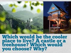 a collage of photos with the words which would be the cooler place to live? a castle or a treehouse? which would you choose? why?