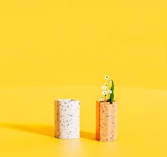 two small vases with flowers in them on a yellow background, one is empty