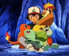 the pokemons are hugging each other in front of an ice cave