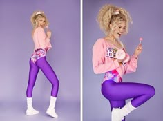 a woman is posing in purple tights and holding a cell phone