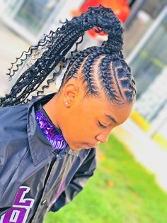 Feed In Braids Pigtails, Feed In Ponytail With Color, Feed In Ponytail Kids, Braid Pig Tails, Ponytail Designs, Purple Braided Ponytail, Feeding Braids Ponytail, Feedin Ponytail, Two Ponytail Hairstyles