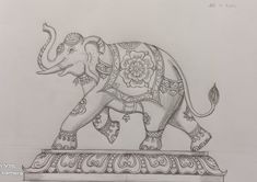 an elephant statue with flowers on it's back and trunk is shown in this drawing