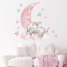 Pink Grey Wall, Elephant Balloon, Diy Mural, Star Wall Decals, Baby Elefant, Grey Wall Art, Wall Decor Decals, Nursery Wall Stickers