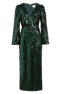 Be a verdant vision in a glittering gown designed with a graceful neckline and gently belled sleeves. Hidden back-zip closure Surplice V-neck Long sleeves Lined 95% polyester, 5% elastane Hand wash, line dry Imported Sleeve Gown, Long Sleeve Gown, Fabric Gift Bags, Fabric Gifts, Nordstrom Store, Free Fabric, Print Gifts, Top Brands, Carry On