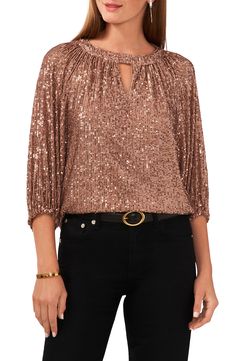 Glittery allover sequins enliven this night-out top designed with three-quarter sleeves and airy keyhole necklines. 24" length (size Medium) Jewel neck Three-quarter sleeves Partially lined 100% polyester Machine wash, line dry Imported Fox Trot, Night Out Tops, Raglan Sleeve Top, Keyhole Blouse, Keyhole Neck, Fashion Trends Winter, Blouse Nordstrom, Jewel Neck, Dressy Outfits