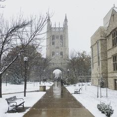 a snow covered walkway leading to a large building with a clock tower in the background