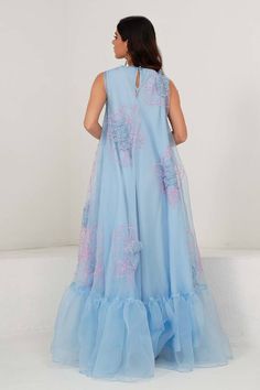 Powder blue dress with 3D coral applique motifs and pleated frill detail. Comes with an inner. - Aza Fashions Powder Blue Dress, Cocktail Reception, Luxury Sale, Trapeze Dress, Silk Organza, Blue Silk, Modern Bride, Dress For Women, Powder Blue