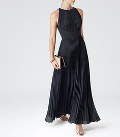 WINNIE PLEATED MAXI DRESS LUX NAVY Gaun Koktail, Mode Boho, Long Black Dress