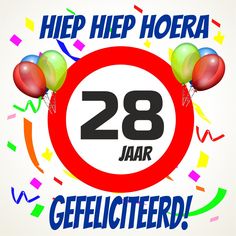 a red circle with balloons and confetti in the middle reads,'66 jaar here hep hoera