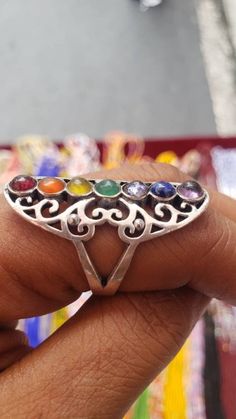 A silver plated Chakra ring with  authentic stones. Healing Geometry A beautiful protective ring.  Measures 1 inch. Size 9 Makes a great Gift! Healing Geometry, Chakra Ring, Chakra Heilung, Chakra Healing, Geometry, Statement Rings, Chakra, 1 Inch, Silver Plated