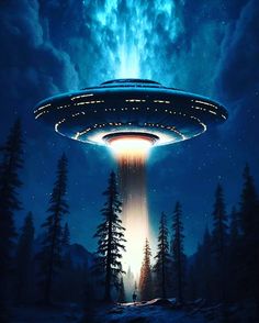 an alien ship flying through the night sky with trees in the foreground and stars above it