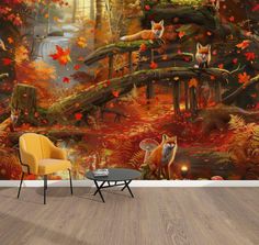 an image of a forest scene with foxes in the fall leaves wallpaper mural print