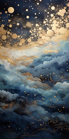 an abstract painting with gold and blue clouds in the night sky, stars and bubbles