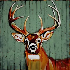 a painting of a deer with large antlers on it's head and green background