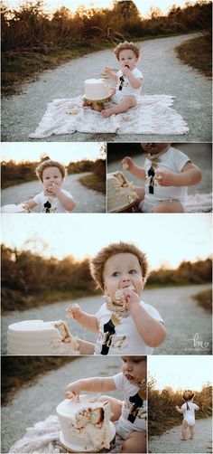 a collage of photos shows a baby eating cake and playing with it's hands