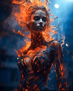 a woman with fire painted on her body and hair is standing in front of a bright light