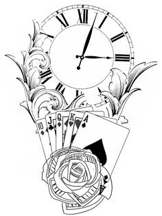 a black and white drawing of a clock surrounded by playing cards