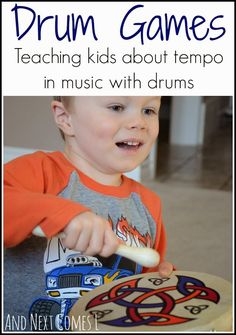 a young boy is playing with a drum and the words drum games teaching kids about tempo in music with drums