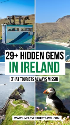 two pictures with the words 29 hidden gems in ireland that tourists always miss on them