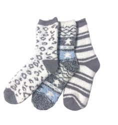 Super soft, fuzzy sock set. These sock sets include 3 pairs of patterned socks. These fuzzy socks will keep you cozy and warm. A great stocking stuffer!! Get all six color sets for extra gift options!Details & Care One Size 99% Polyester, 1% Spandex Height 7.5″ Wash cold. Tumble dry. Imported Playful Super Soft Winter Socks, Cozy Soft One-size Socks, Cozy Warm Pink Socks, Fun Winter Non-slip Socks, Fun Non-slip Winter Socks, Fuzzy Socks, Fall Transition, Cozy Socks, Patterned Socks