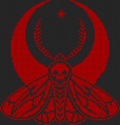 a red and black cross stitch pattern with an image of a moth on it's back