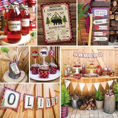 a collage of photos showing different items for a lumber themed party with bear decorations