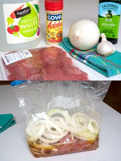 an assortment of ingredients are displayed on a counter top, including onions, meat and seasoning