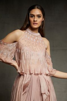 Shop for Masumi Mewawalla Pink Dupion Cold Shoulder Top And Dhoti Pant Set for Women Online at Aza Fashions Blush Pink Fabric, Indian Dresses For Women, Heavy Dresses, Dhoti Pants, Pink Peacock, Flare Top, Embroidered Neckline, Fashion App, Pink Skirt