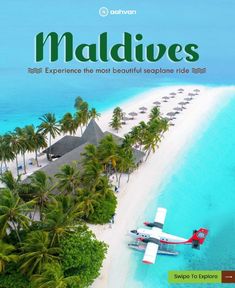 an airplane is flying over the beach with palm trees and huts in the background,