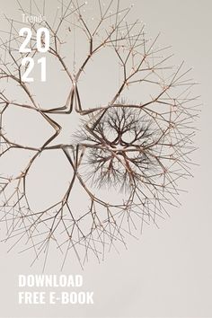 the poster for an upcoming show is shown in white and has branches arranged around it