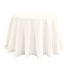 a white table cloth on top of a round table with a circular skirted tablecloth