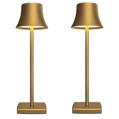 two lamps that are next to each other on a white background, one is gold and the other has a brown shade