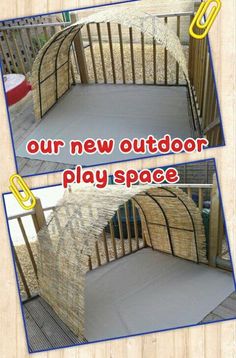 an advertisement for a play space made out of wickers and wood with the words our new outdoor play space