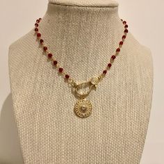 "❤️❤️  20% off and Free Shipping ❤️❤️ Cherry red jade gemstone chain with pave lobster clasp and gold Medallion celestial pendant.  Made to order from 16-38\" Materials:  Jade, gold plated, cubic zirconia This beautiful unique chain has natural cherry red jade 4mm beads wire wrapped with Gold wire.  They are a lovely ruby garnet color.  Gold pave lobster claw clasp measures 14x28mm.  This clasp is great worn alone or with pendants.  Gold Coin pendant is included!   Packaged in a complimentary brocade silk zippered jewelry bag for gifting" Greek Coin Pendant, Rosary Chain Necklace, Byzantine Necklace, Garnet Color, Zipper Jewelry, Pendants Gold, Red Jade, Stone Choker, Chunky Chain Necklaces