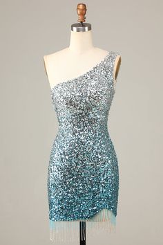 Blue Sequined One-shoulder Dress, Blue One-shoulder Sequin Dress, Blue One-shoulder Dress With Sequins, Elegant Turquoise Sequin Dress, Blue One-shoulder Prom Dress, Blue Spaghetti Strap Cocktail Dress, Turquoise Fitted Evening Dress, Blue Tassel Dress, Classy Homecoming Dress