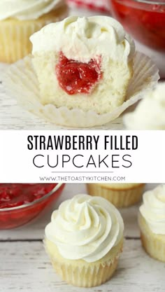 strawberry filled cupcakes with cream cheese frosting and strawberries in the background