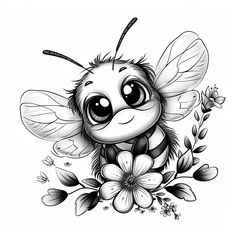 a black and white drawing of a bee with flowers