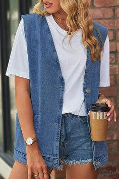 Lasaky - Relaxed Luxury Pocket V Neck Knitwear Blue Jean Vest Outfit, Long Denim Vest, Shirt Makeover, Womens Denim Vest, Jeans Vest, Denim Vests, Loose Clothing, Denim Outfits, Beach Skirt