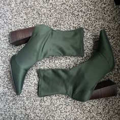 Olive / Emerald Green Block Heel Calf Boots. Pointed Toe, Synthetic Sock No Flaws Fall Green Heeled Boots With Reinforced Heel, Green High Ankle Heels For Fall, Fall High Heel Booties With Wrapped Heel, Green Round Toe Heels For Fall, Green High Heel Boots For Fall, Green Square Toe Heeled Boots For Fall, Green Block Heel Boots For Fall, Green Ankle Boot Heels For Winter, Green High Heel Winter Heels