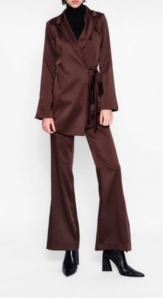 Brown Satin Suit Set Chic Solid Pant Set For Fall, Satin Suit, Womens Suits, Brown Satin, Suit Set, Blazer Suit, Suits For Women, Greece, Bathing Beauties