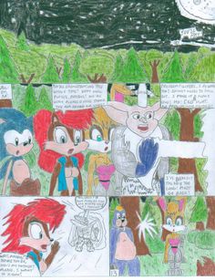 a drawing of sonic the hedgehog and other cartoon characters with trees in the background