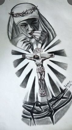 a drawing of the crucifix with jesus on it's head and hands