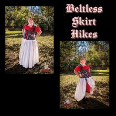 a woman wearing a red and white dress standing in the grass with her hands on her hips