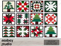 twelve christmas tree quilt blocks in red, green and white with the words stavey studio