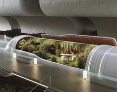 an airport lobby with benches and plants on the wall