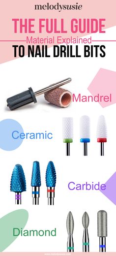 Mandrel/ceramic/carbide/diamond nail drill bits. What do they do? Nail Bits Uses, Nail Efile Bits, What Nail Drill Bit To Use, Different Nail Drill Bits, Nail Dremel Bits Guide, Mail Drill Bits Uses, Melodysusie Nail Drill, Using A Nail Drill, Which Nail Drill Bit To Use