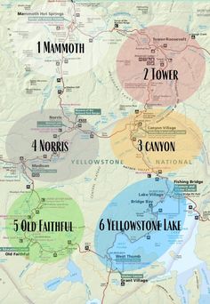 a map showing the location of yellowstone lake and other lakes in wyoming, including two towns