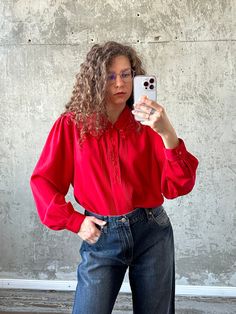 "Vintage 80s embroidered blouse in red, padded, made of polyester, fits XS - M, decorated with stunning elements, big collar, buttons, very light, suits for formal and informal events, perfect condition Measurements:  shoulders - 43 cm / 16.9\" sleeve - 60 cm / 23.6\" length - 64 cm / 25.2\" bust from armpit to armpit- 54 cm / 21.3\"" Formal Red Padded Blouse, Elegant Red Embroidered Blouse, Vintage Embroidered Blouse For Party, Vintage Embroidered Party Blouse, Vintage Red Long Sleeve Blouse, Red Button-up Party Blouse, Red Button-up Blouse For Party, Vintage Red Blouse For Fall, Red Collared Party Blouse